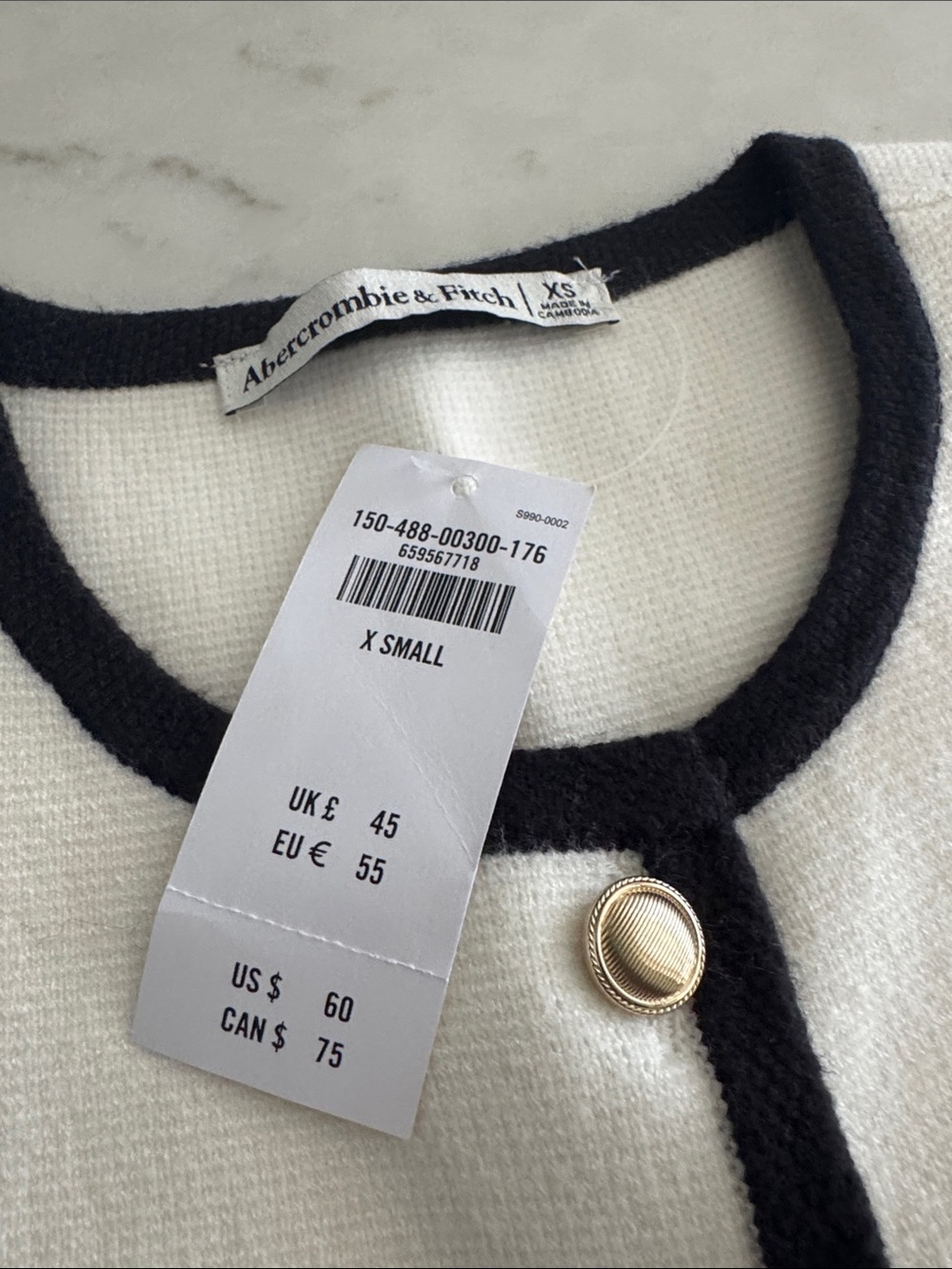 Abercrombie & Fitch Cream Vest with Black Trim and Gold Button - Picture 2 of 3